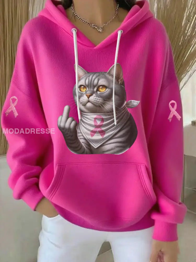 Kvinnors katt rosa band Print Casual Hoodie Print rosröd / S