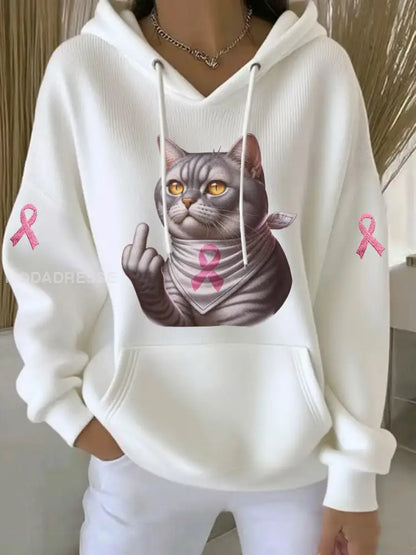 Kvinnors katt rosa band Print Casual Hoodie Print vit / S
