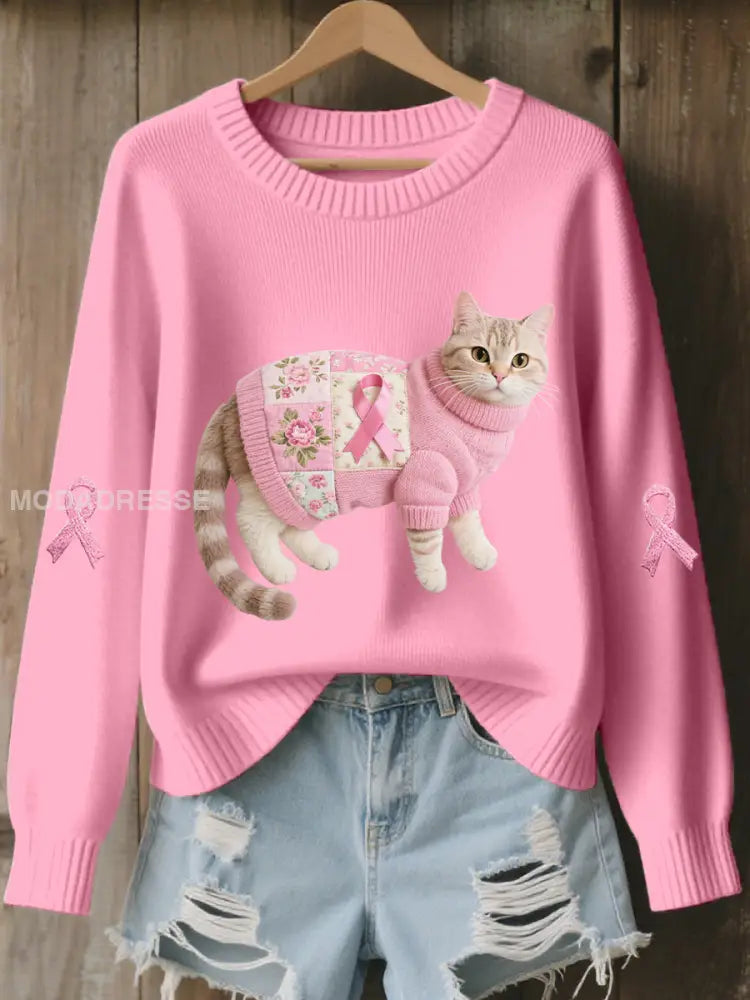 Kvinnors katt rosa band Print Casual Topp runk / S