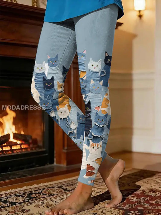 Kvinnors kattunge tryck termisk fleece leggings ljusblå / S