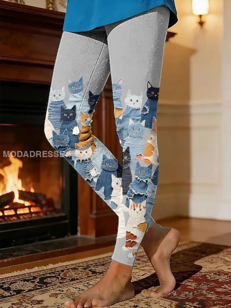 Kvinnors kattunge tryck termisk fleece leggings ljusgrå / S