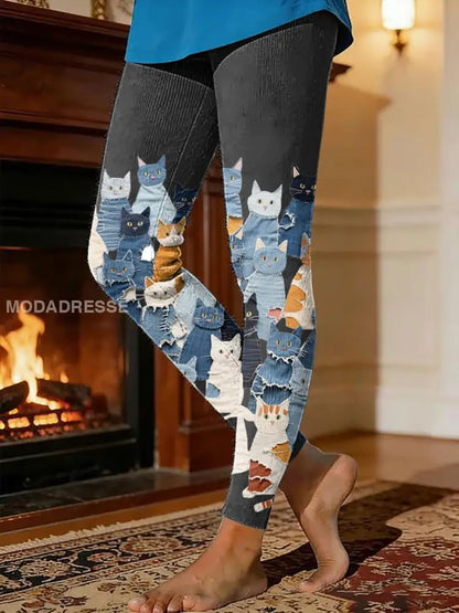 Kvinnors kattunge tryck termisk fleece leggings svart / S
