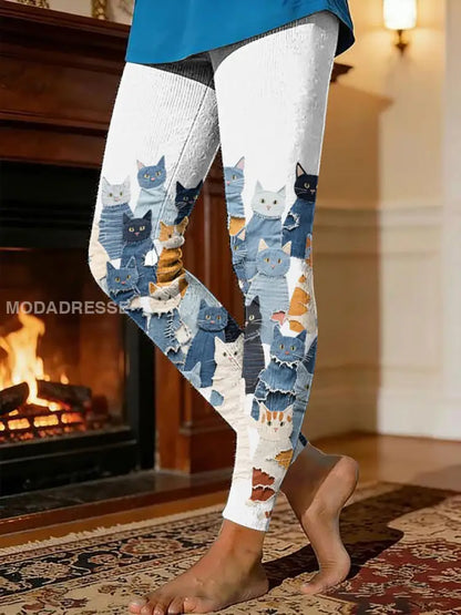 Kvinnors kattunge tryck termisk fleece leggings vit / S
