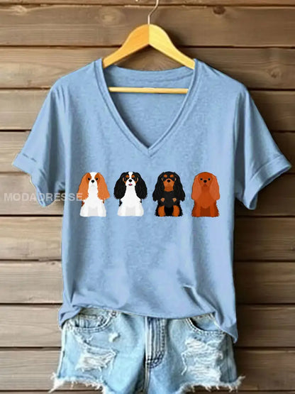 Kvinnors kavaljerhund Print V-Hack T-shirt blå / S