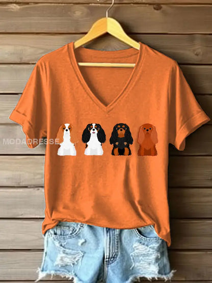 Kvinnors kavaljerhund Print V-Hack T-shirt oräng / S