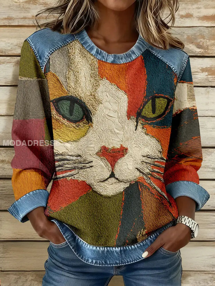 Kvinnors konst Geometriska katt Skriv topp som bild / S