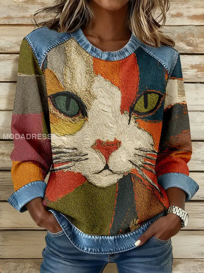 Kvinnors konst Geometriska katt Skriv topp som bild / S