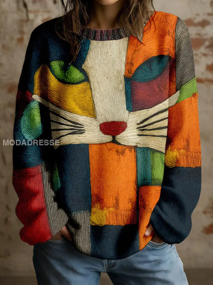 Kvinnors konst Geometriska katt Skriv topp som bild / S