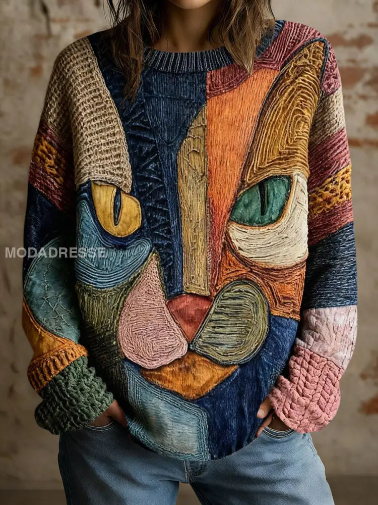 Kvinnors konst Geometriska katt Skriv topp som bild / S