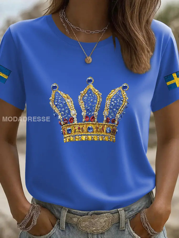 Kvinnors krona konst tryckt T shirt blå / S