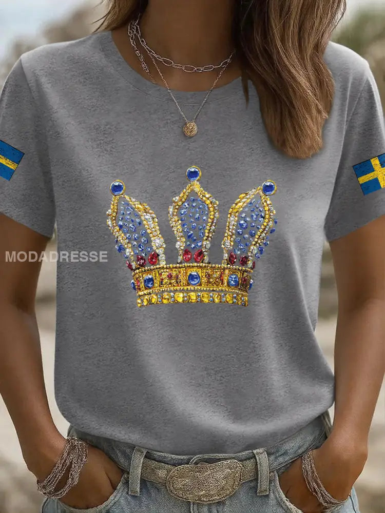 Kvinnors krona konst tryckt T shirt ljusgrå. / S