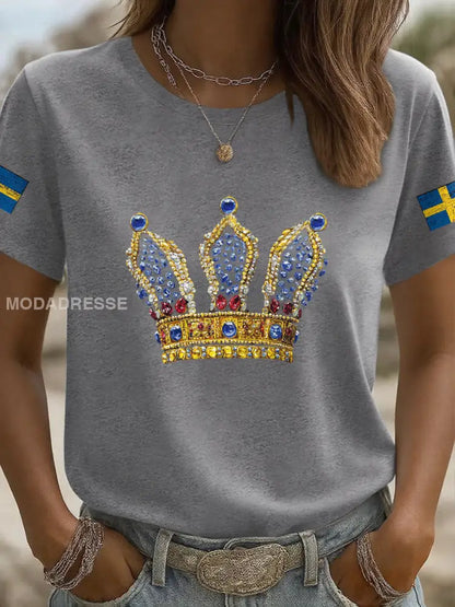 Kvinnors krona konst tryckt T shirt ljusgrå. / S