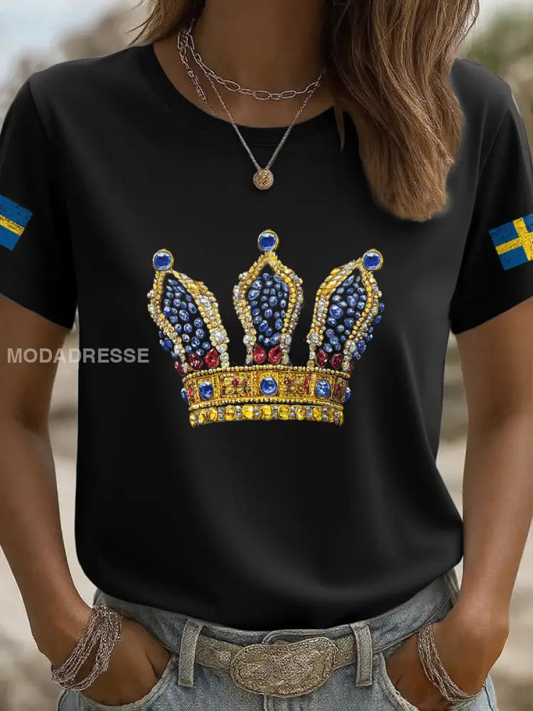 Kvinnors krona konst tryckt T shirt svart / S