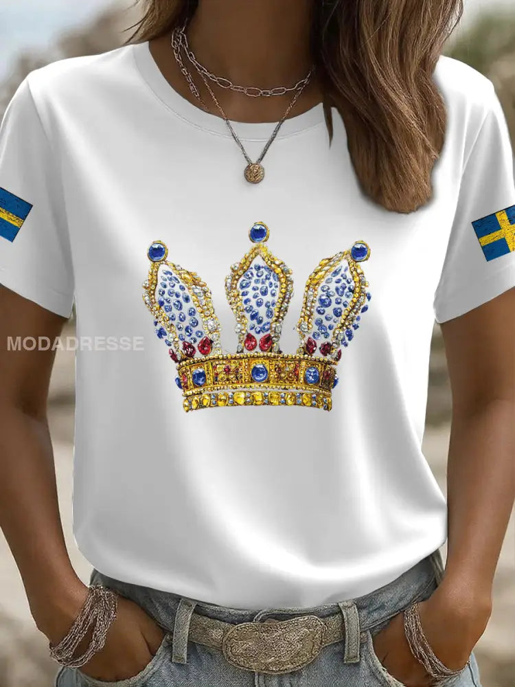 Kvinnors krona konst tryckt T shirt vit / S