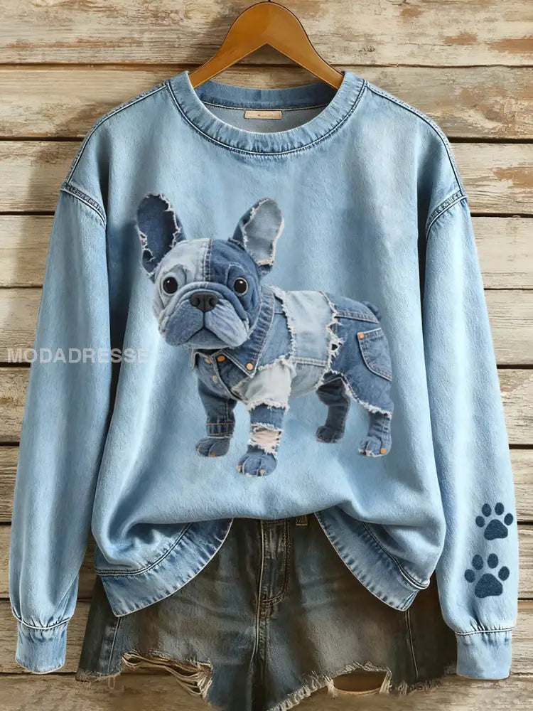 Kvinnors lappverk konst Franska Bulldog mönster Sweatshirt blå / S