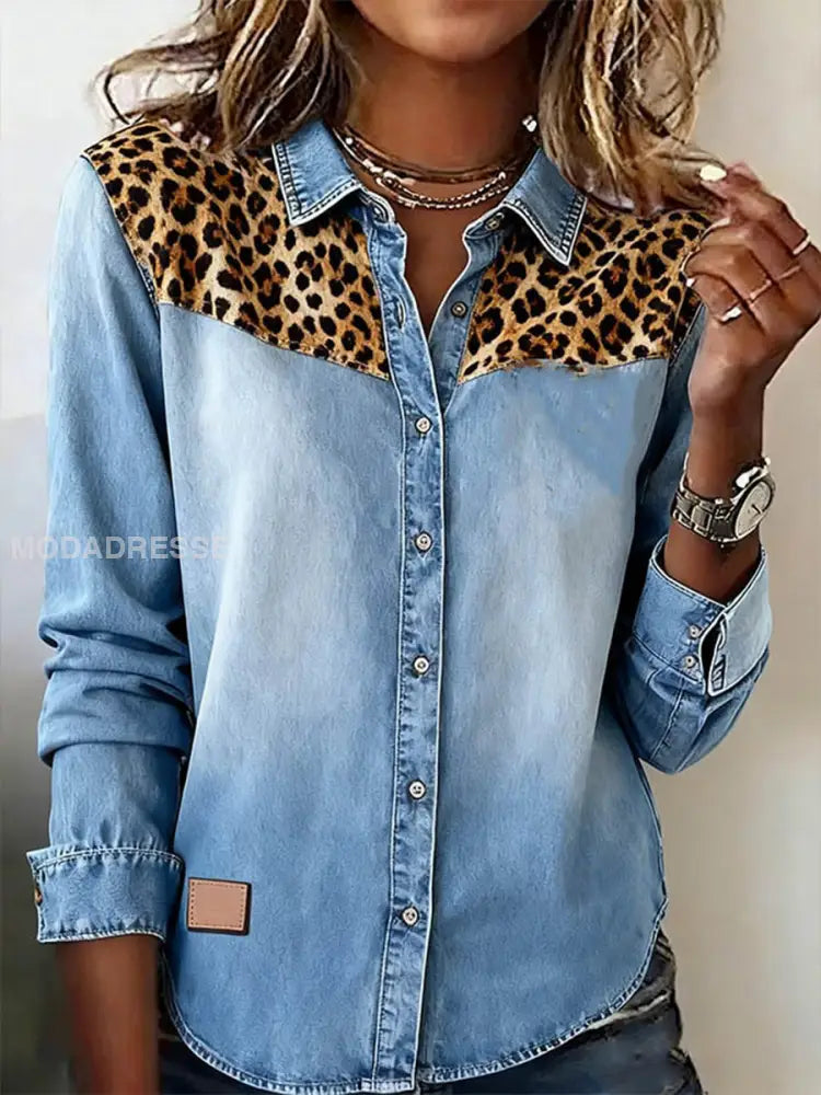 Kvinnors Leopard mönster mönster mönster konst skjjorta blå / S