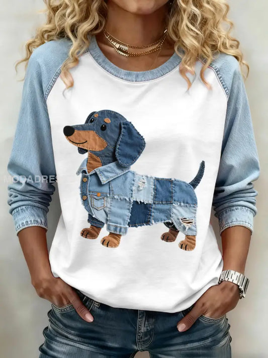 Kvinnors ljuvliga Dachhund hund mönster Denim Patchwork Sweatshirt ljusblåa / S