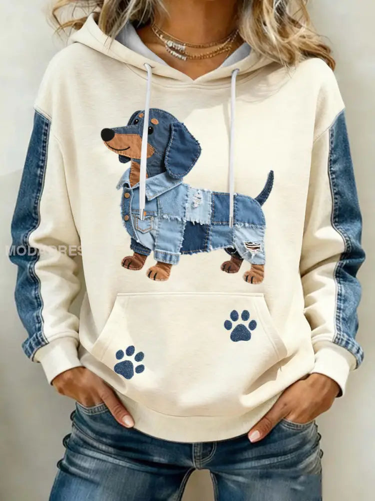 Kvinnors ljuvliga Dachhund Mönster Denim Patchwork Art Hoodie april / S