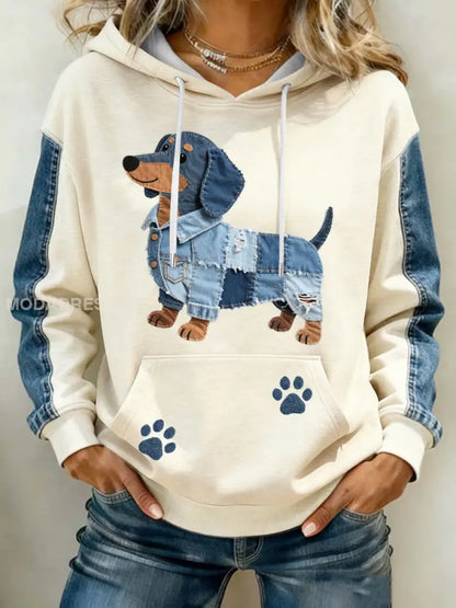 Kvinnors ljuvliga Dachhund Mönster Denim Patchwork Art Hoodie april / S