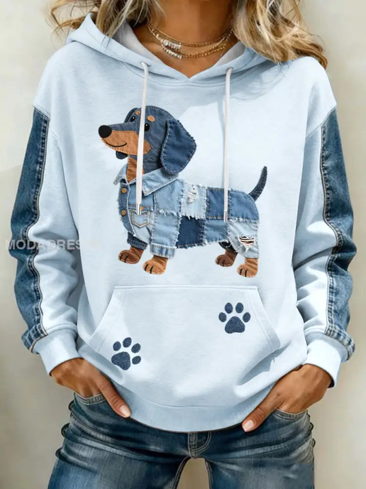 Kvinnors ljuvliga Dachhund Mönster Denim Patchwork Art Hoodie ljusblå färg / S