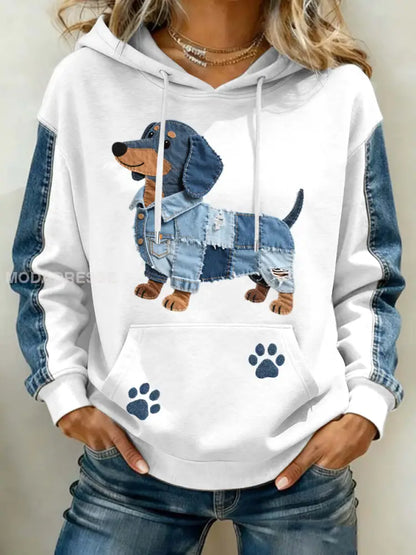 Kvinnors ljuvliga Dachhund Mönster Denim Patchwork Art Hoodie vit / S