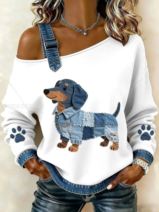 Kvinnors ljuvliga Dachhundd mönster Denim Patchwork topp vitt / S
