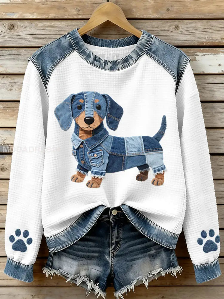 Kvinnors ljuvliga Dachhundd mönster Denim Patchwork Våffle Sweatshirt som bild / S