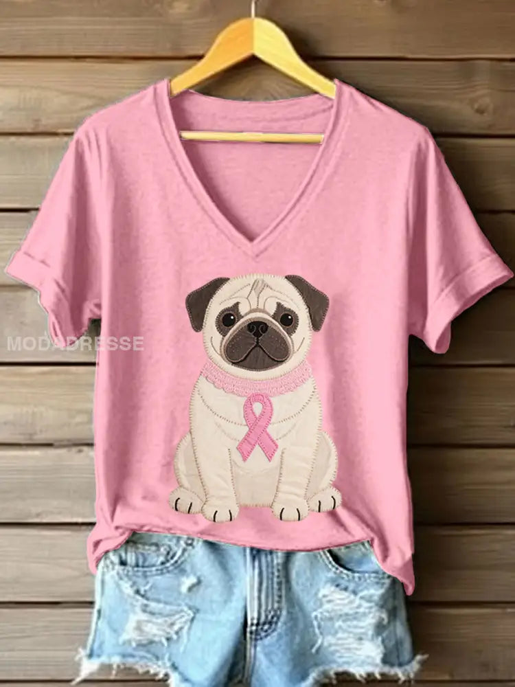 Kvinnors ljuvliga Pug Patchwork konst V Hack T shirt runk / S