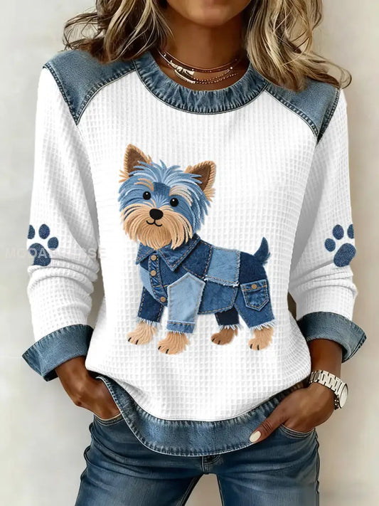 Kvinnors ljuvliga Yorkshire Terrier mönster Denim Patchwork våffle Sweatshirt vitt / S