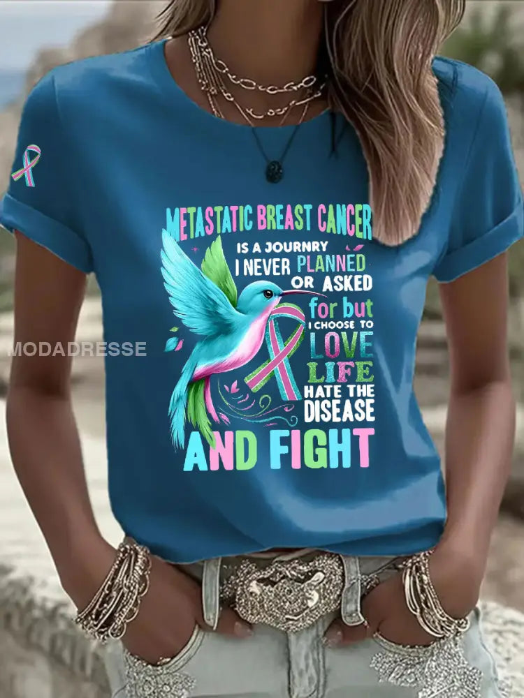 Kvinnors metastatiska bröstcancer medvetenhet Skriv ut Casual T shirt blå / S