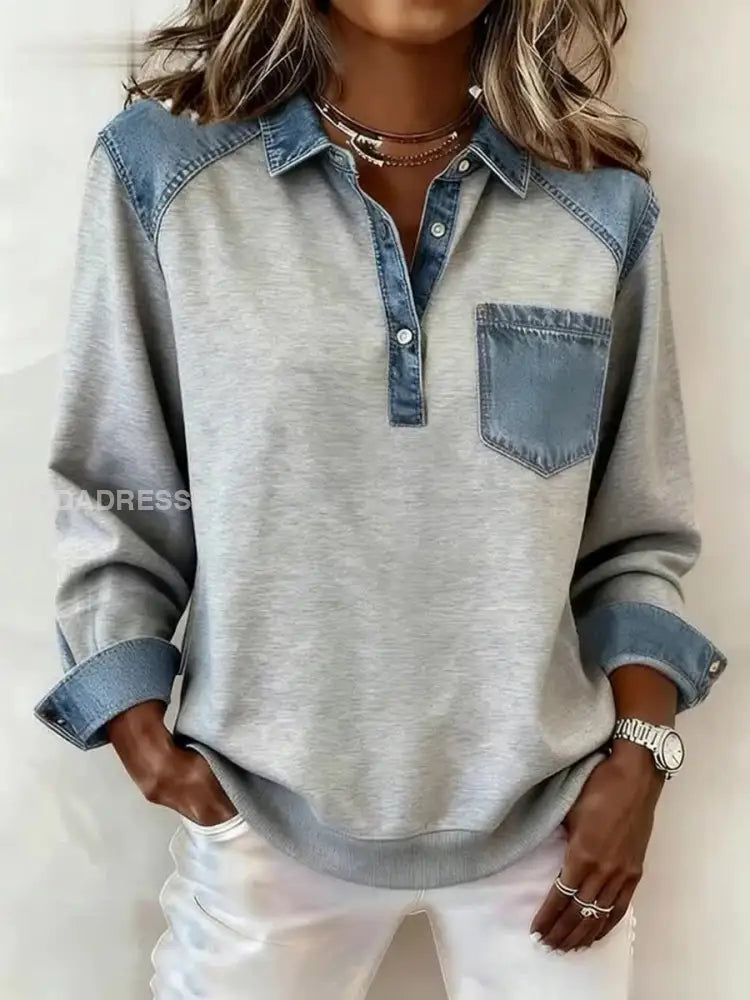 Kvinnors mode Patchwork Design Lapel Sweatshirt grå / S