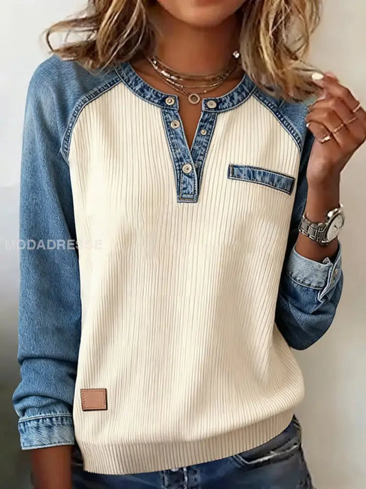 Kvinnors mode Patchwork Design Mysig topp Aprikot / S