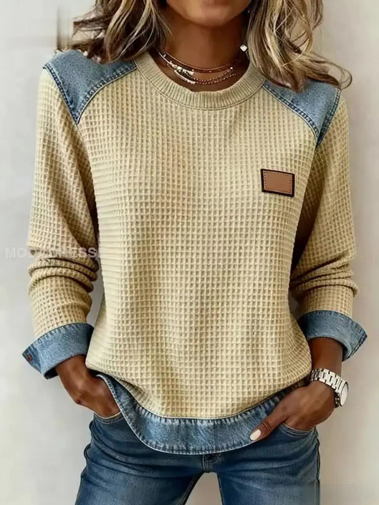 Kvinnors mode Patchwork Design Våffle Sweatshirt Aprikot / S