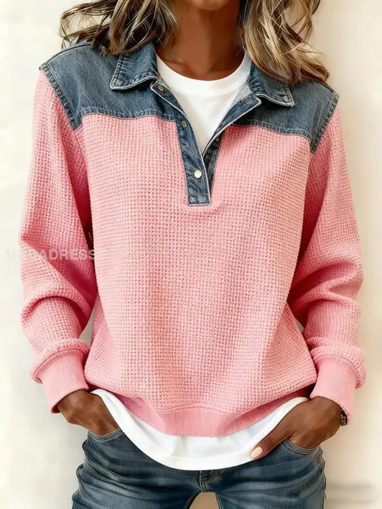 Kvinnors mode Patchwork Design Våffle topp runk / S