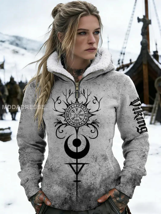Kvinnors mystisk grå viking kompass & symbol Sherpa-lined Hoodie > flerlog / S