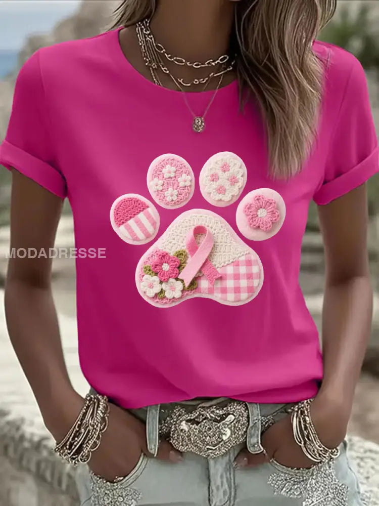 Kvinnors Pink Hung Paw Print Casual T-shirt rosröd / S