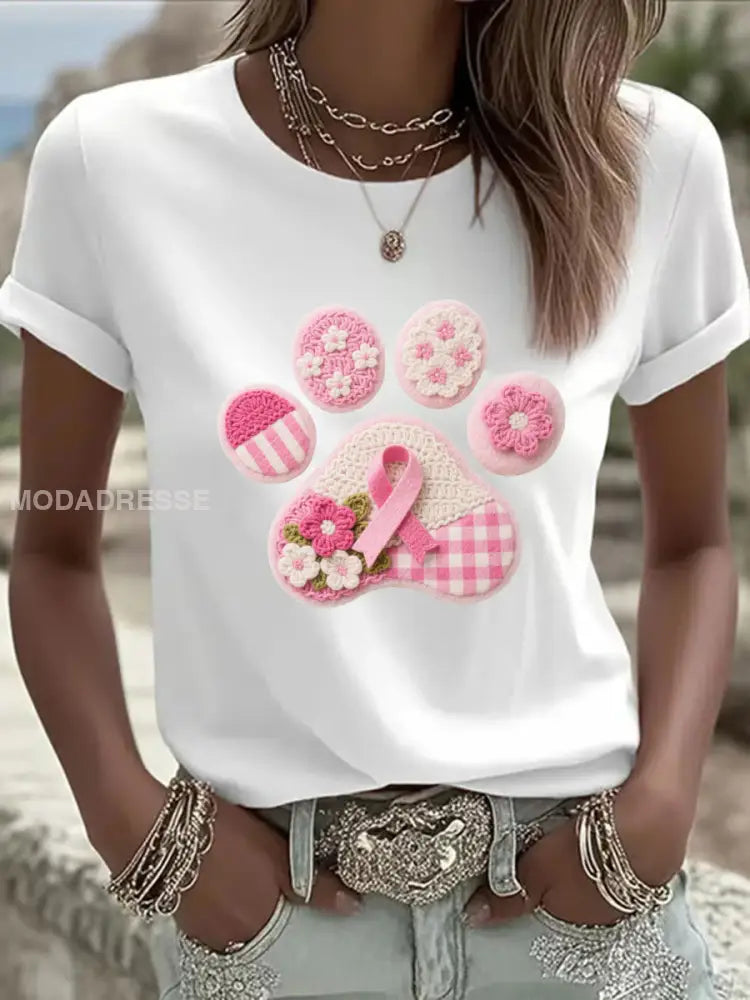 Kvinnors Pink Hung Paw Print Casual T-shirt vit / S