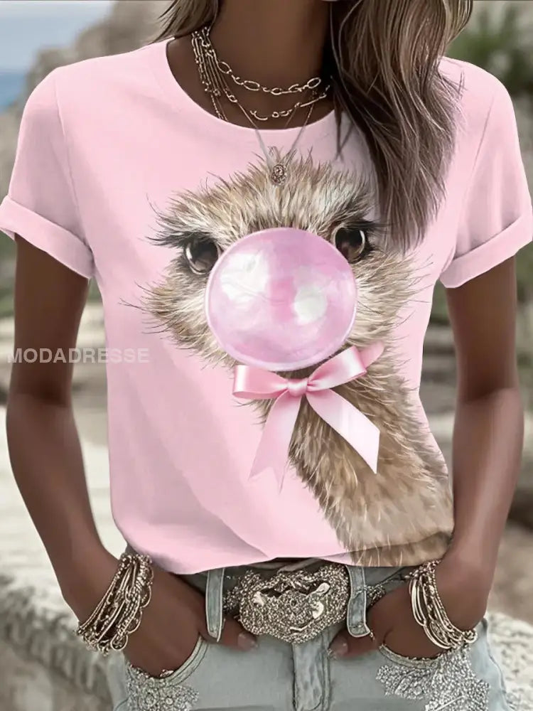 Kvinnors Pink Ribbon Djur Skriv ut Round Hals T shirta som bild / S