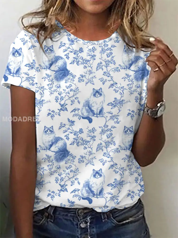 Kvinnors ragdoll katt Print Casual T-shirt blå / S