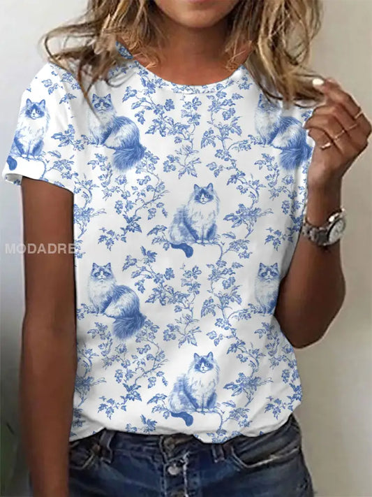 Kvinnors ragdoll katt Print Casual T-shirt blå / S