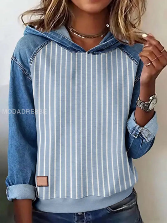 Kvinnors randiga mönster mönster Konst Hoodie Konsta blå / S