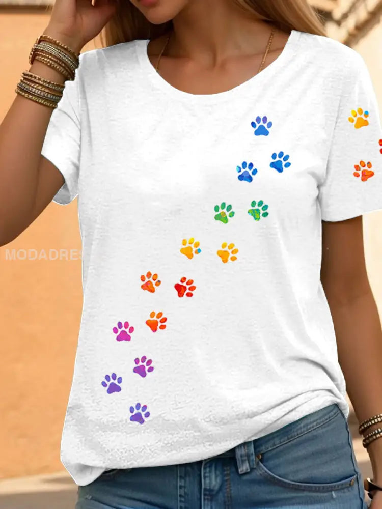 Kvinnors regnbåge djur Print Casual T-shirts vit / S
