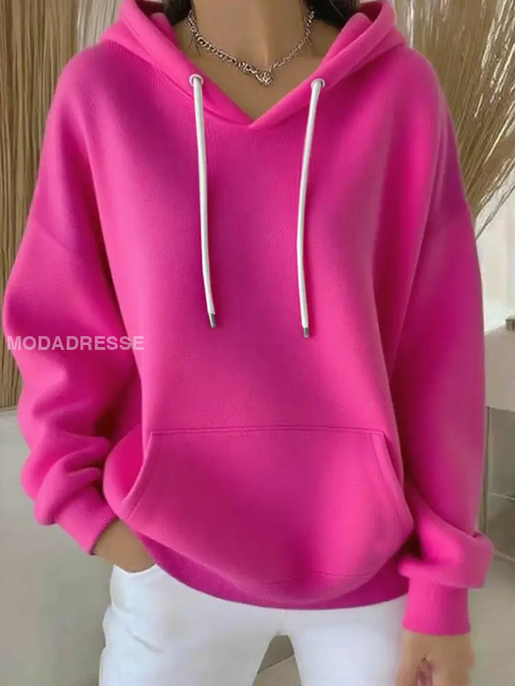 Kvinnors ren färg Casual Hoodie. rosröd / S