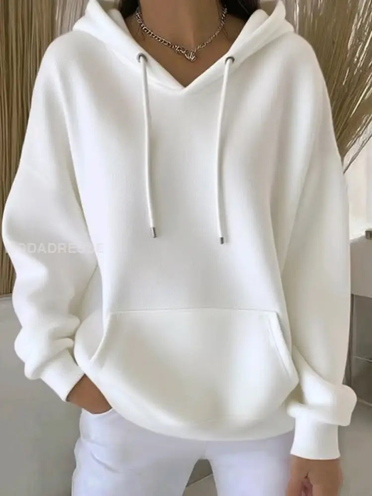 Kvinnors ren färg Casual Hoodie. vit / S