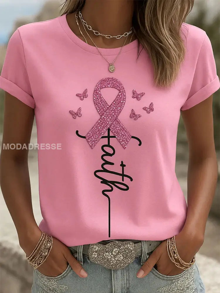 Kvinnors Retro Bröst medvetenhet Floral Art Print T-shirt A / S