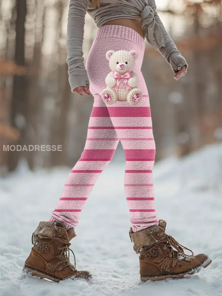 Kvinnors Retro Bröstcancer förebyggande kampanj Bear Print Sport Stretch Leggings runk / S