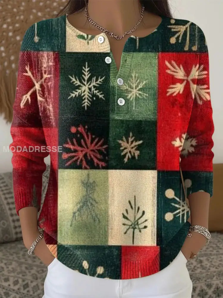 Kvinnors Retro Jul Flerfärgad Tartan Patchwork Långärm tröjar grönt / S