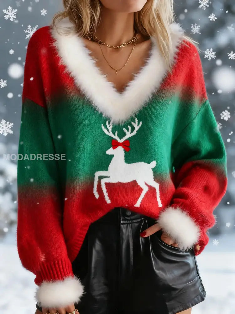 Kvinnors Retro jul renar Gradient Loose Långa ärmad pälsstrimmad tröjar röd / S