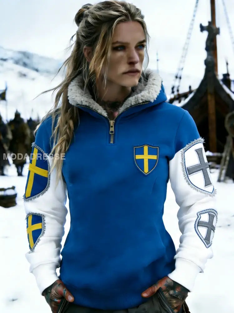 Kvinnors Retro Svenska Flag Patchwork Konst Casual Half-Zip Sweatshirt blå / S