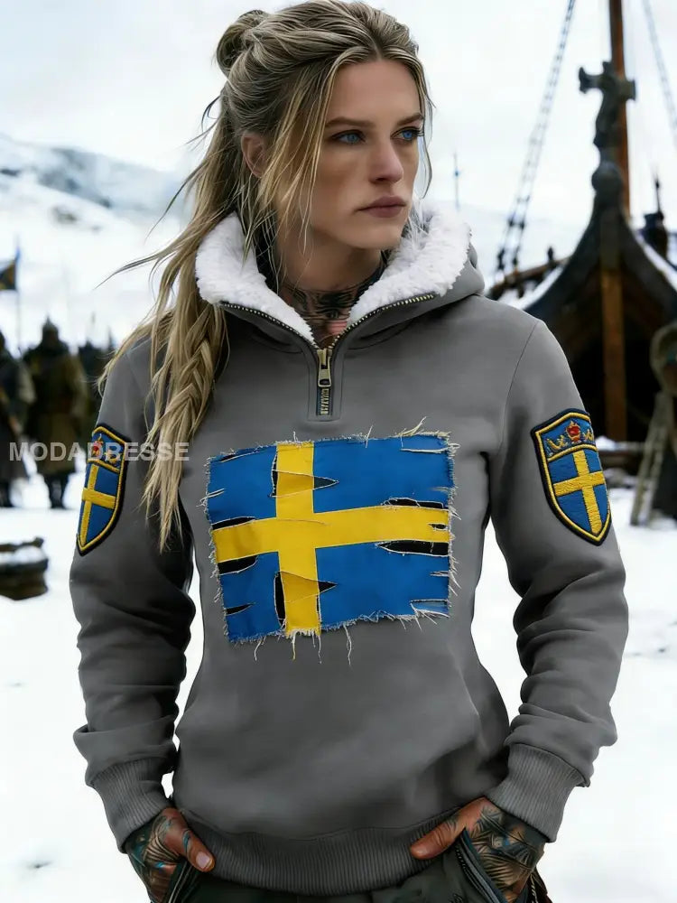 Kvinnors Retro Svenska flaggbricka Casual Fleece-Lined Hooded Sweatshirt grå / S